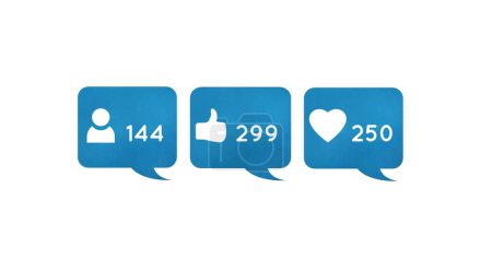 Téléchargez les photos : Image numérique de follower, comme et des icônes de coeur et des nombres croissants à l'intérieur des boîtes de chat bleues sur un fond blanc 4k - en image libre de droit