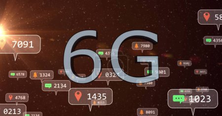 Image of 6g text and social media icons on banners over night sky. global online communication, digital interface and technology concept digitally generated image.