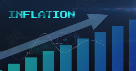 Image du texte de l'inflation en bleu avec flèche et graphique sur les graphiques traitant les données. Économie mondiale des affaires, stagnation, inflation et concept de communication numérique image générée numériquement.
