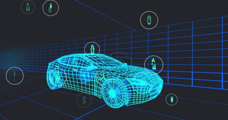 Imagen de múltiples iconos digitales sobre el modelo de coche 3d que se mueve en el patrón sin costuras en un túnel. Ingeniería automotriz y concepto de energía sostenible