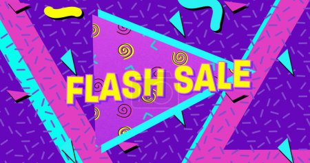 Photo for Image of the words Flash Sale in yellow letters with a purple triangle and brightly coloured shapes on a purple background 4k - Royalty Free Image