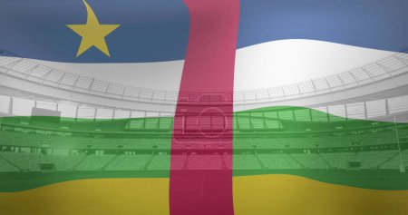 Image of flag of central african republic over sports stadium. Global sport and digital interface concept digitally generated image.