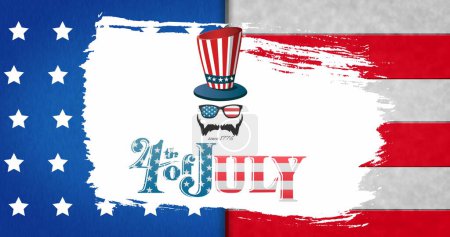 Bild vom 4. Juli Text mit Symbolen über der Flagge der USA. Unabhängigkeitstag, Patriotismus und Feierkonzept digital erzeugtes Image.