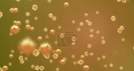 Photo for Image of macro Covid-19 cells floating on orange background. Coronavirus Covid-19 pandemic concept digital composite. - Royalty Free Image