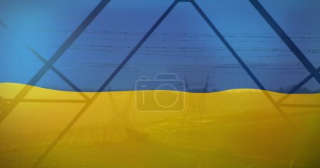 Photo for Image of flag of ukraine over field and electricity poles. ukraine crisis, economic and energetic crash and international politics concept digitally generated image. - Royalty Free Image