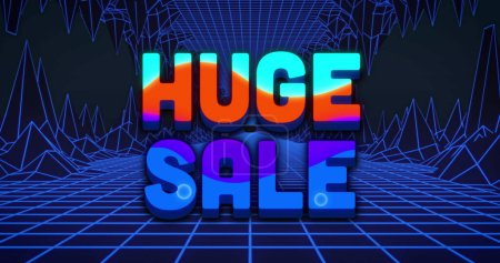 Image of huge sale text over blue digital cave terrain. digital interface image game concept digitally generated image.