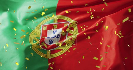 Bild von Konfetti über der Flagge Portugals. Globaler Patriotismus, Feier, Sport und digitales Schnittstellenkonzept digital generiertes Image.