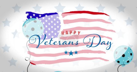Photo for Composition of happy veterans day text and blue balloons, over stars and american flag. patriotism, independence, military and celebration concept digitally generated image. - Royalty Free Image