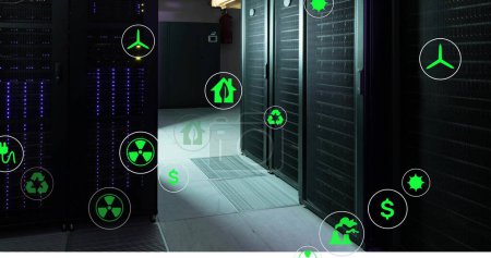Image of eco icons and data processing over computer servers. Global business, connections, computing and data processing concept digitally generated image.