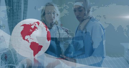 Photo for Image of globe and world map over diverse doctors at hospital. Global medicine, healthcare and digital interface concept digitally generated image. - Royalty Free Image