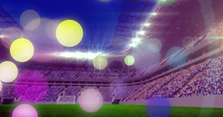 Photo for Image of falling glowing dots over football stadium. World cup soccer concept digitally generated image. - Royalty Free Image