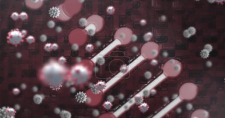 Téléchargez les photos : Image de brin d'ADN 3d filant avec des cellules de coronavirus Covid 19 flottant sur fond noir et rouge. Covid 19 pandémie concept des sciences de la santé image générée numériquement. - en image libre de droit