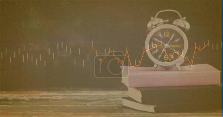 Image of clock and statistics processing over grey background. Environment recycling green energy and sustainability concept digitally generated image.