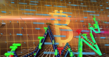 Bild der Verarbeitung von Finanzdaten über dem Bitcoin-Symbol auf schwarzem Hintergrund. Globales Geschäft, Finanzen und digitales Schnittstellenkonzept digital generiertes Image.