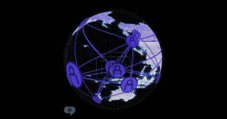 Bild von Social-Media-Symbolen und Text über dem Globus auf schwarzem Hintergrund. Globale soziale Medien, Verbindungen, Kommunikation und digitales Schnittstellenkonzept digital generiertes Bild.