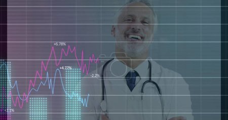 Image of financial data over happy senior caucasian male doctor. finance, economy, medicine, health and technology concept digitally generated image.