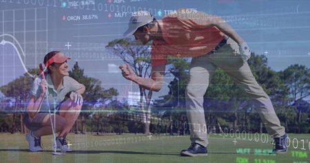 Image of data processing over caucasian golf players. Global sport and digital interface concept digitally generated image.