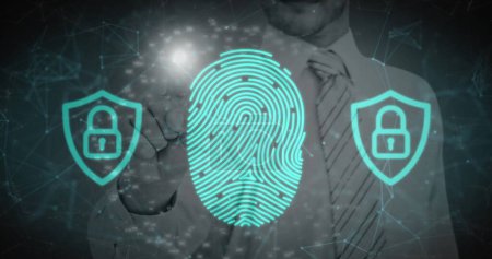Téléchargez les photos : Réseau de connexions contre scanner biométrique contre homme d'affaires touchant écran invisible. concept de cybersécurité et de technologie - en image libre de droit