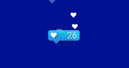 Photo for Hearts icons on speech bubble with increasing numbers against blue background. Social media networking technology concept - Royalty Free Image