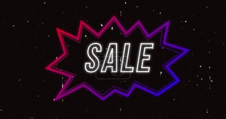Photo for Image of retro sale text in rainbow neon speech bubble on black distressed background. vintage retail, savings and shopping concept digitally generated image. - Royalty Free Image