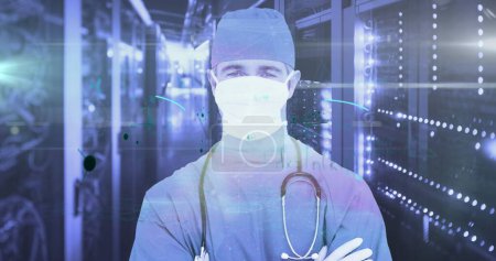 Photo for Image of handwritten mathematical equations, data and light moving over portrait of male surgeon wearing mask in computer server room. Global digital network science and medical digital composite. - Royalty Free Image