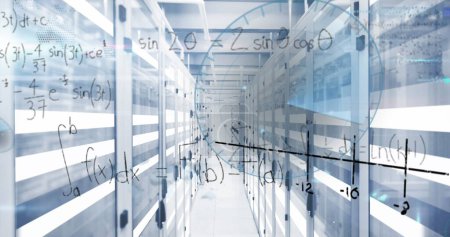 Photo for Image of mathematical equations, infographic interface, illuminated moving bars over server room. Digital composite, multiple exposure, sonar, globalization, report, finance and technology. - Royalty Free Image