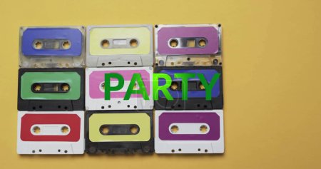Photo for Image of party text over tapes on yellow background. Technology, retro and music concept, digitally generated image. - Royalty Free Image