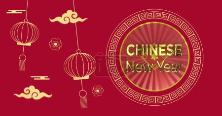 Foto de Imagen de año nuevo chino ext sobre linternas y patrón chino sobre fondo rojo. Año nuevo chino, festividad, celebración y tradición concepto de imagen generada digitalmente. - Imagen libre de derechos