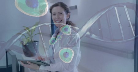 Image of dna strand and data processing over caucasian female doctor. Global medicine, connections, computing and data processing concept digitally generated image.