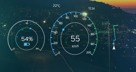 Image of changing numbers in speedometers time-lapse of moving vehicles and silhouette of city. Digital composite, multiple exposure, direction, growth, transportation and architecture concept.