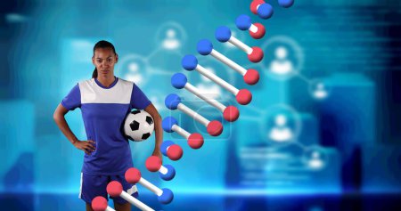 Photo for Image of dna strand over female football player holding ball. global sports, fitness and data processing concept digitally generated image. - Royalty Free Image