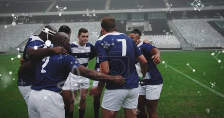 Imagen de estructuras químicas sobre jugadores masculinos de rugby en el estadio. concepto de deporte y competición imagen generada digitalmente.