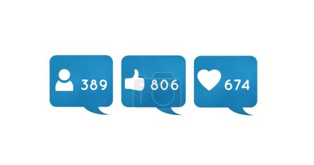 Téléchargez les photos : Image numérique de follower, comme et des icônes de coeur et des nombres croissants à l'intérieur des boîtes de chat bleues sur un fond blanc - en image libre de droit