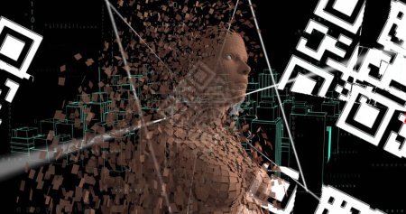 Imagen del escáner de código qr sobre el modelo de cuerpo humano contra el modelo de ciudad 3d giratorio. Interfaz informática y concepto de tecnología empresarial