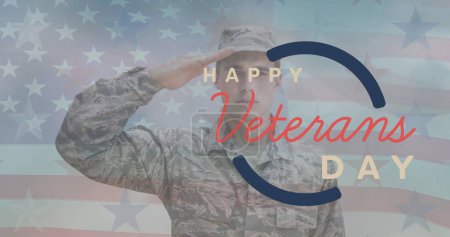 Image of veterans day text over soldier and american flag. patriotism and celebration concept digitally generated image.