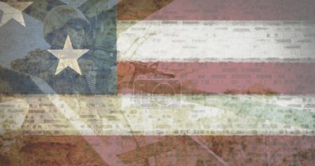 Foto de Imagen de soldado con arma sobre bandera americana. patriotismo y concepto de celebración imagen generada digitalmente. - Imagen libre de derechos