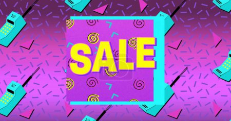 Photo for Image of the word Sale in yellow letters with a purple square and brightly coloured mobile phone icons and moving abstract shapes on a pink background 4k - Royalty Free Image