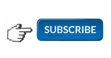 Téléchargez les photos : Image numérique d'un bouton d'abonnement bleu avec une icône pointant vers la gauche, sur fond blanc 4k - en image libre de droit