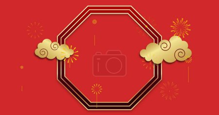Bild von chinesischem Muster und Dekoration auf rotem Hintergrund. Chinesisches Neujahr, Fest, Feier und Brauchtumskonzept digital generiertes Bild.