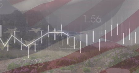 Image of financial data processing and flag of usa over landscape. global finance, business and digital interface concept digitally generated image.