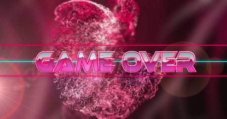 Image of game over text banner against spots of light and digital wave on pink background. image game interface and technology concept