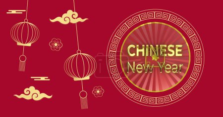 Téléchargez les photos : Image du Nouvel An chinois ext sur des lanternes et motif chinois sur fond rouge. Nouvel an chinois, fête, célébration et concept de tradition image générée numériquement. - en image libre de droit
