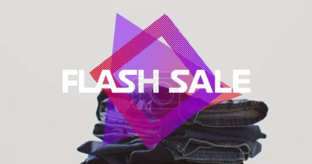 Photo for Image of flash sale text over denim trousers on white background. Sales, retail, shopping, digital interface, communication, computing and data processing concept digitally generated image. - Royalty Free Image