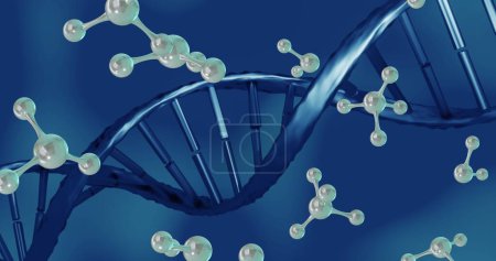 Téléchargez les photos : Image de micro 3d de molécules et de brins d'ADN sur fond bleu. Concept mondial de science, de recherche et de connexions image générée numériquement. - en image libre de droit