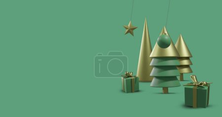 Téléchargez les photos : Image de boules de Noël et décorations sur fond vert avec espace de copie. Noel, tradition et concept de célébration image générée numériquement. - en image libre de droit