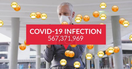 Photo for Image of covid 19 text over senior man wearing face mask. global covid 19 pandemic and vaccination concept digitally generated image. - Royalty Free Image