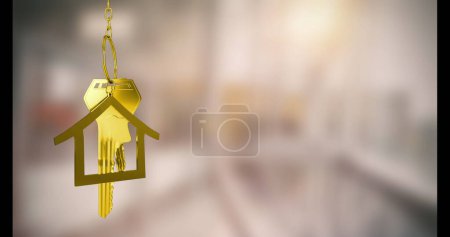 Foto de Image of keys with house keychain over blurred background. Moving house and digital interface concept digitally generated image. - Imagen libre de derechos