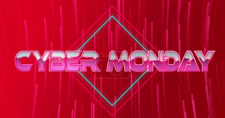 Image of cyber monday text banner over neon pink light trails spinning against red background. Sale discount and retail business concept