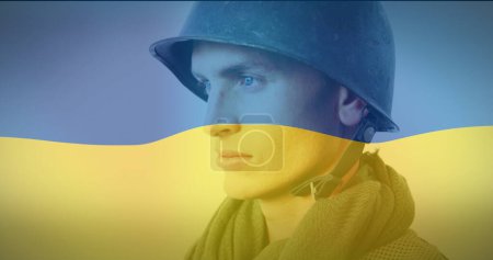 Image du drapeau de l'ukraine sur un soldat caucasien avec une arme. ukraine crise et politique internationale concept image générée numériquement.