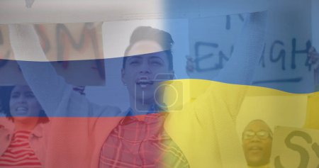 Image of flags of Ukraine and Russia over diverse female and male protesters. ukraine crisis and international politics concept digitally generated image.